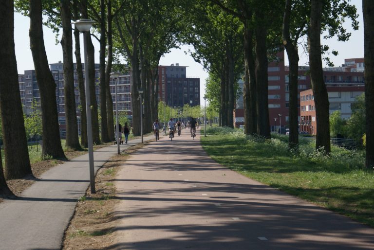 Fietsers op fietspad in de stad